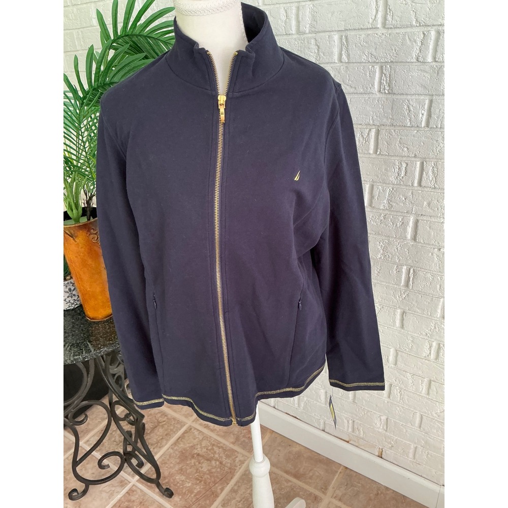 Nautica Full Zip Sweatshirt Womens XL Navy Blue NWT Gold Stitching Mock Neck